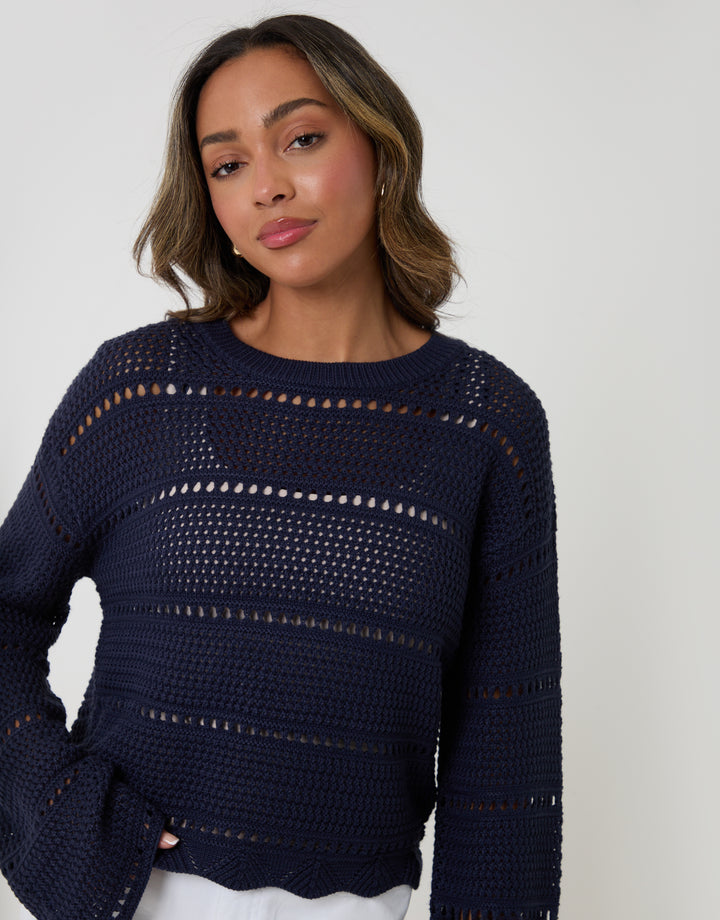 Threadbare Pointelle Knit Crew Neck Jumper in Navy - front view close up