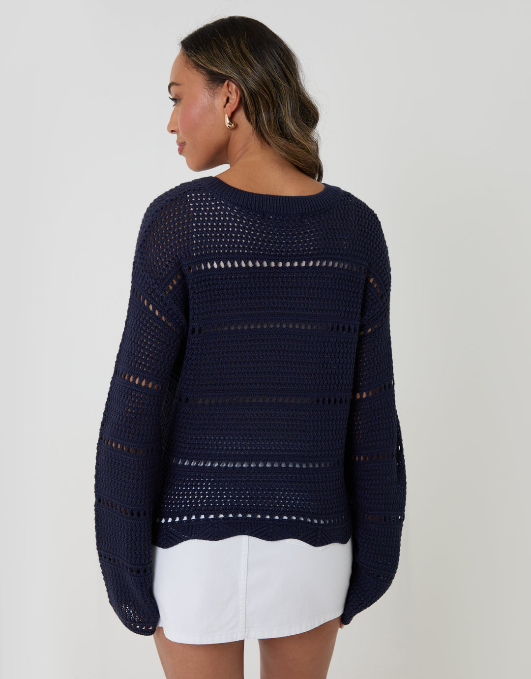 Threadbare Pointelle Knit Crew Neck Jumper in Navy - back view