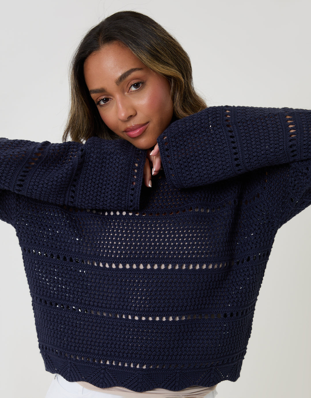 Threadbare Pointelle Knit Crew Neck Jumper in Navy - front view, arms up