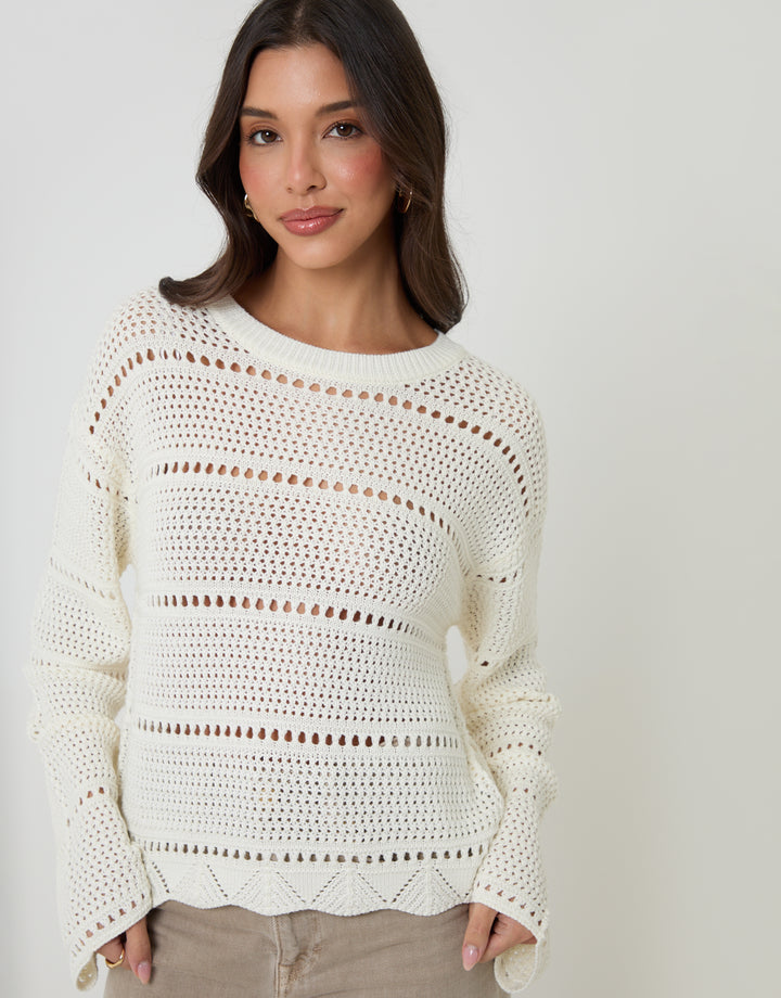 Threadbare Pointelle Knit Crew Neck Jumper in Cream - front view