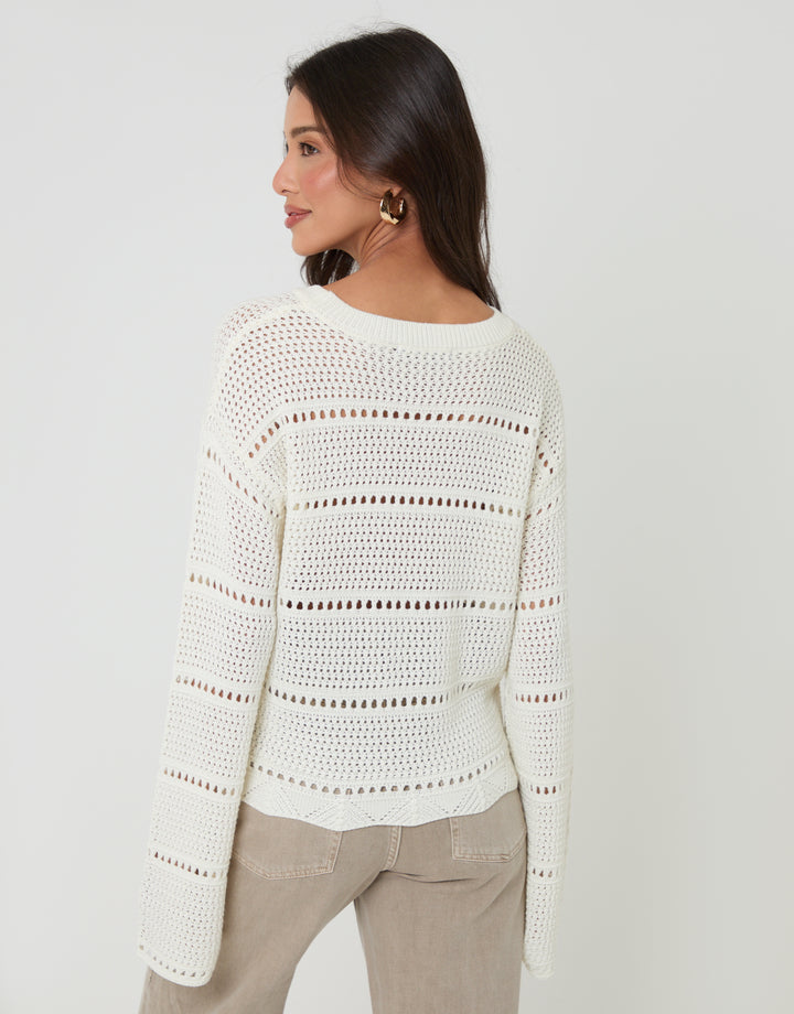 Threadbare Pointelle Knit Crew Neck Jumper in Cream - back view