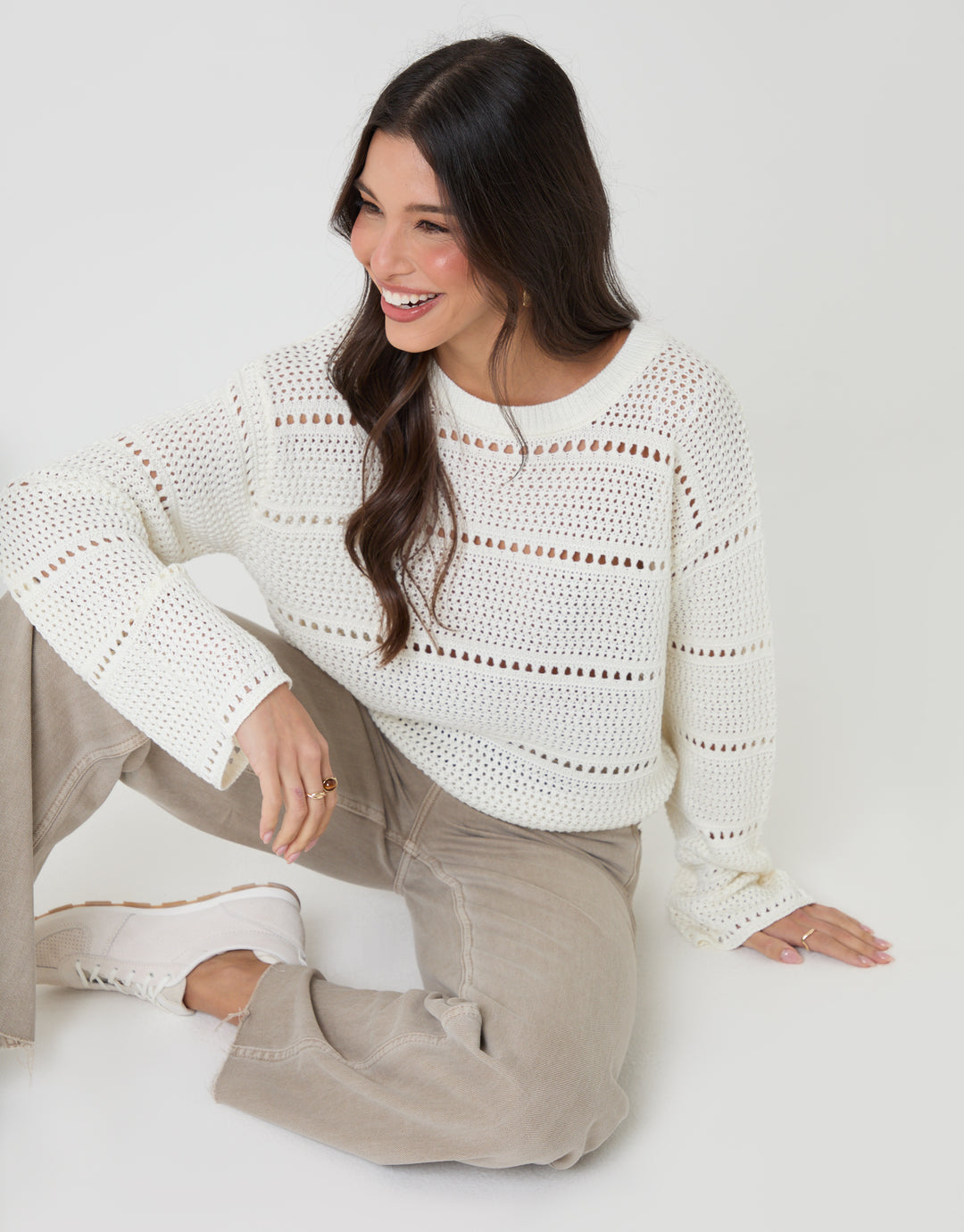 Threadbare Pointelle Knit Crew Neck Jumper in Cream - seated