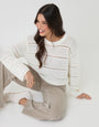 Threadbare Pointelle Knit Crew Neck Jumper in Cream - seated