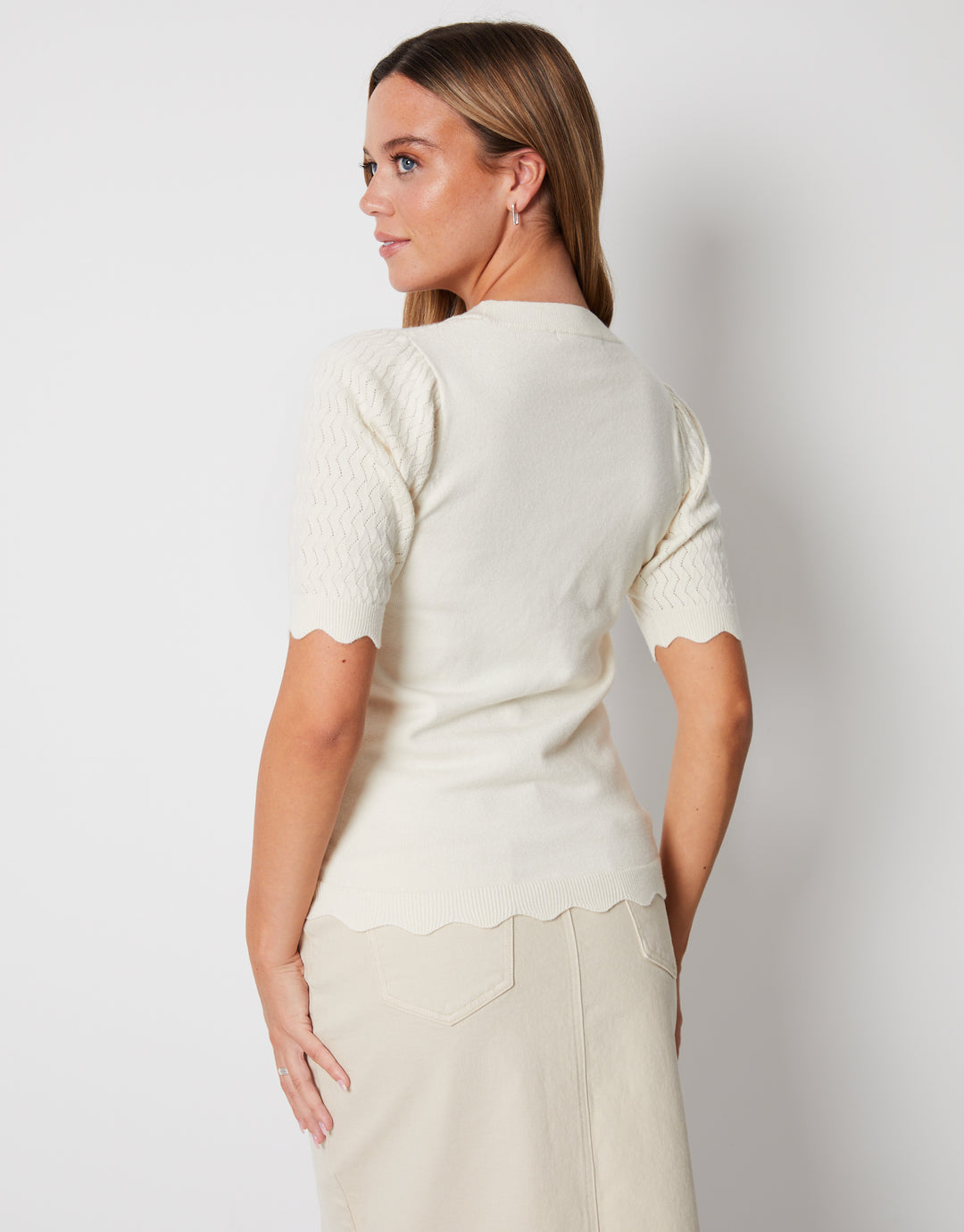 Stone Pointelle Knitted T-Shirt Jumper