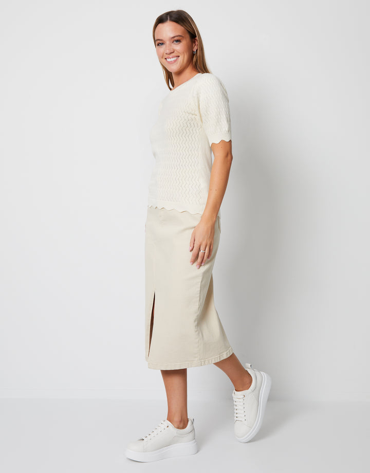 Stone Pointelle Knitted T-Shirt Jumper