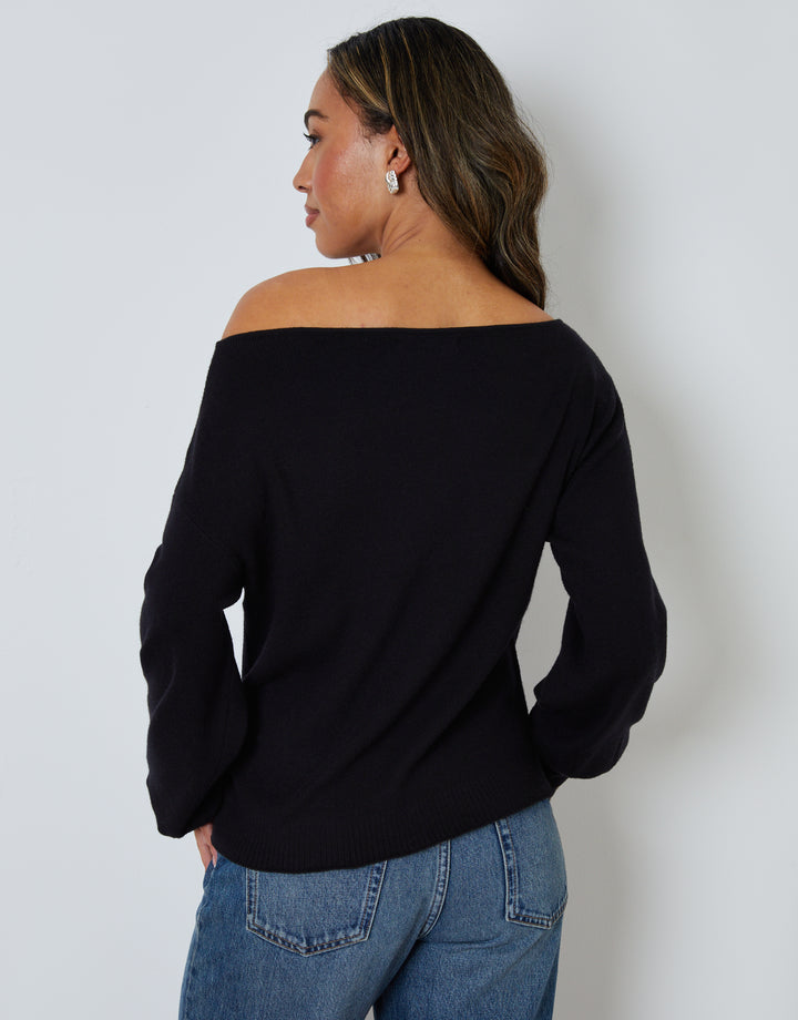 Black Soft Slash Neck Jumper