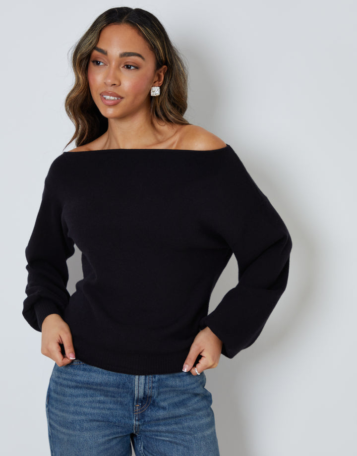 Black Soft Slash Neck Jumper
