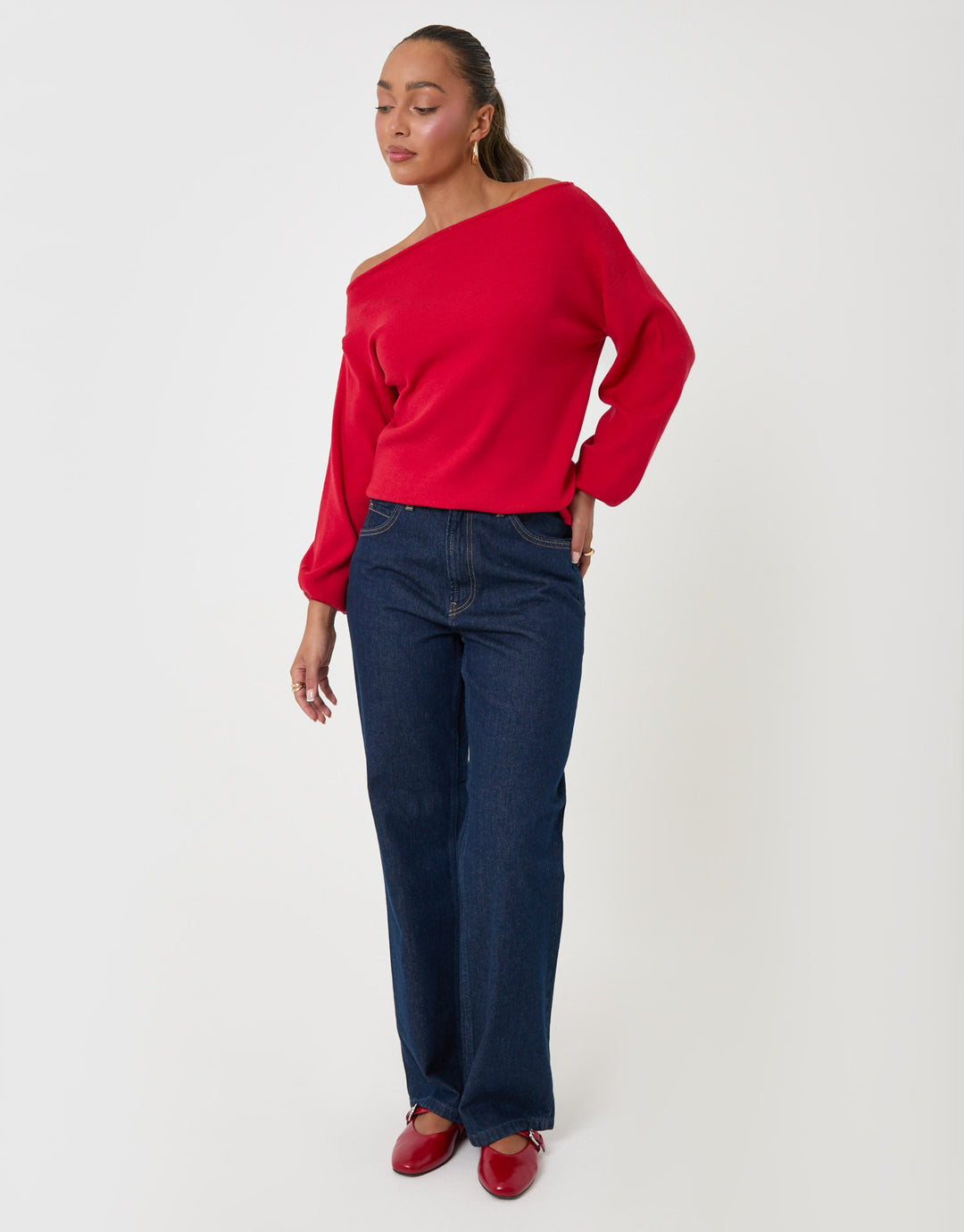 Threadbare Soft Slash Neck Jumper in Red - full body