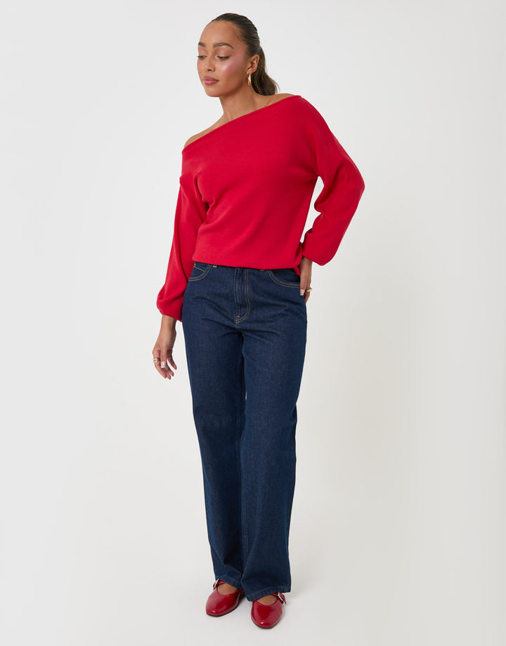 Threadbare Soft Slash Neck Jumper in Red - full body