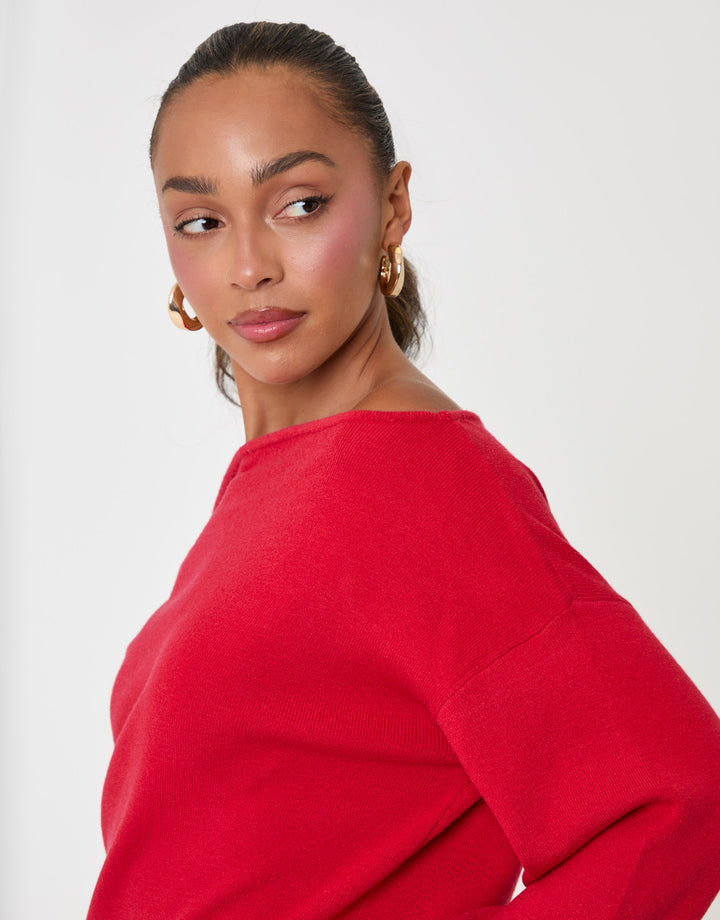 Threadbare Soft Slash Neck Jumper in Red - close up