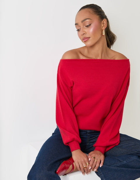 Threadbare Soft Slash Neck Jumper in Red - sat down