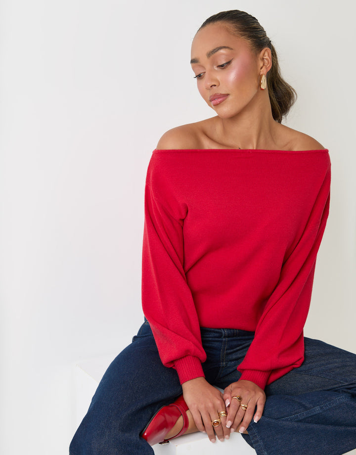 Threadbare Soft Slash Neck Jumper in Red - sat down