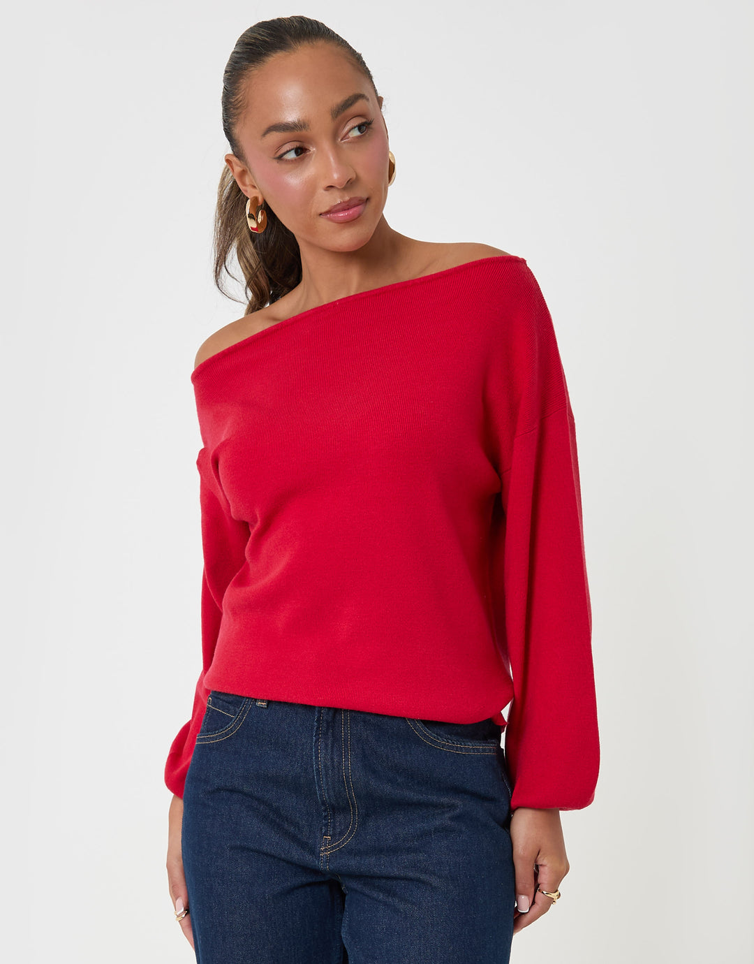 Threadbare Soft Slash Neck Jumper in Red - front view