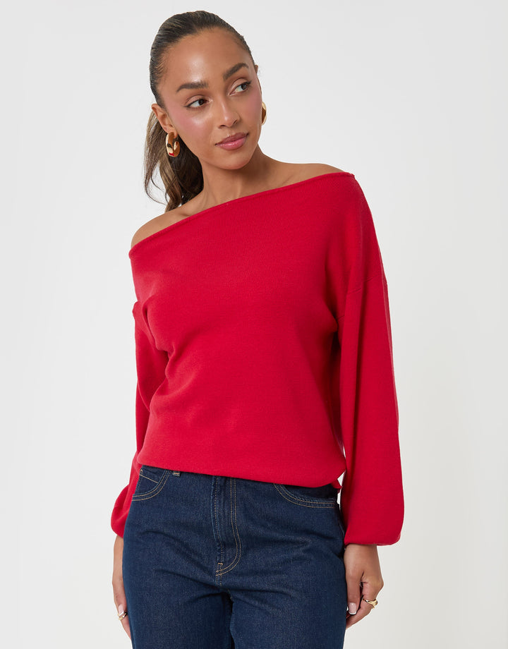 Threadbare Soft Slash Neck Jumper in Red - front view