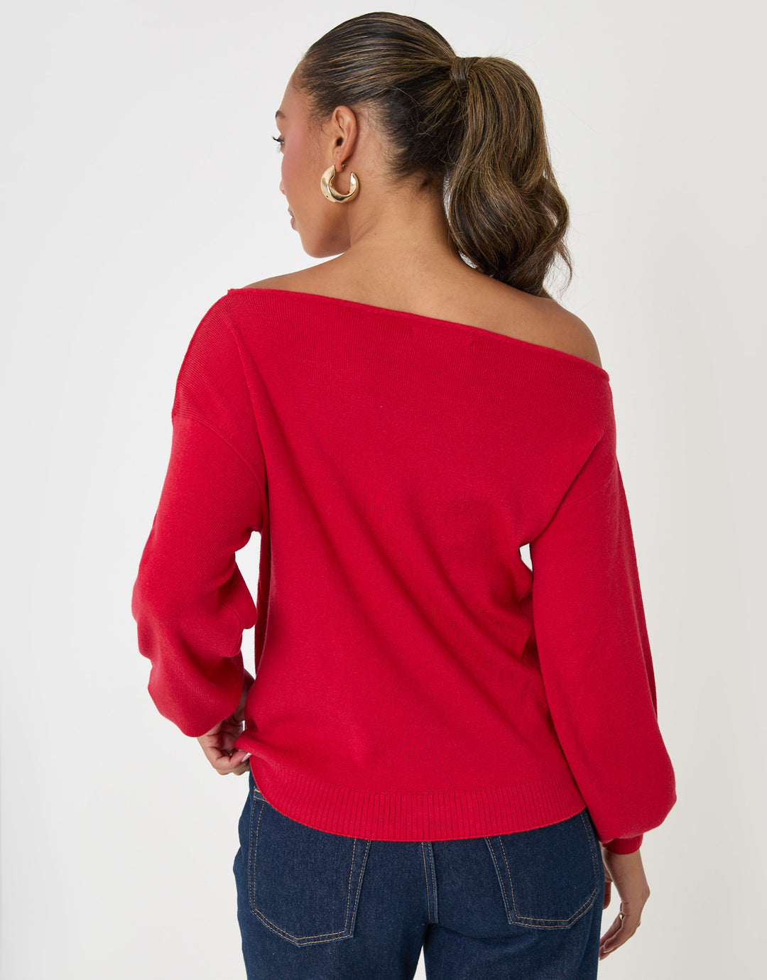 Threadbare Soft Slash Neck Jumper in Red - back view