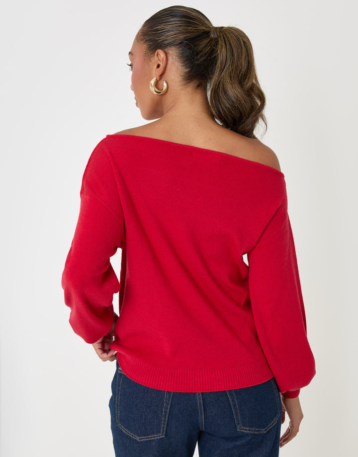Threadbare Soft Slash Neck Jumper in Red - back view