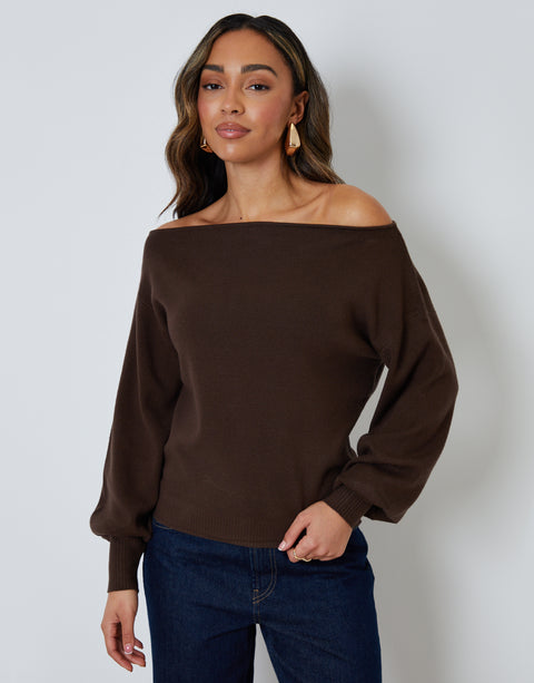 Threadbare Soft Slash Neck Jumper in Chocolate Brown - front view