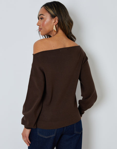 Threadbare Soft Slash Neck Jumper in Chocolate Brown - back view