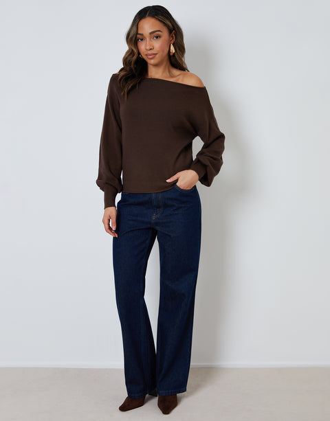 Threadbare Soft Slash Neck Jumper in Chocolate Brown - full body