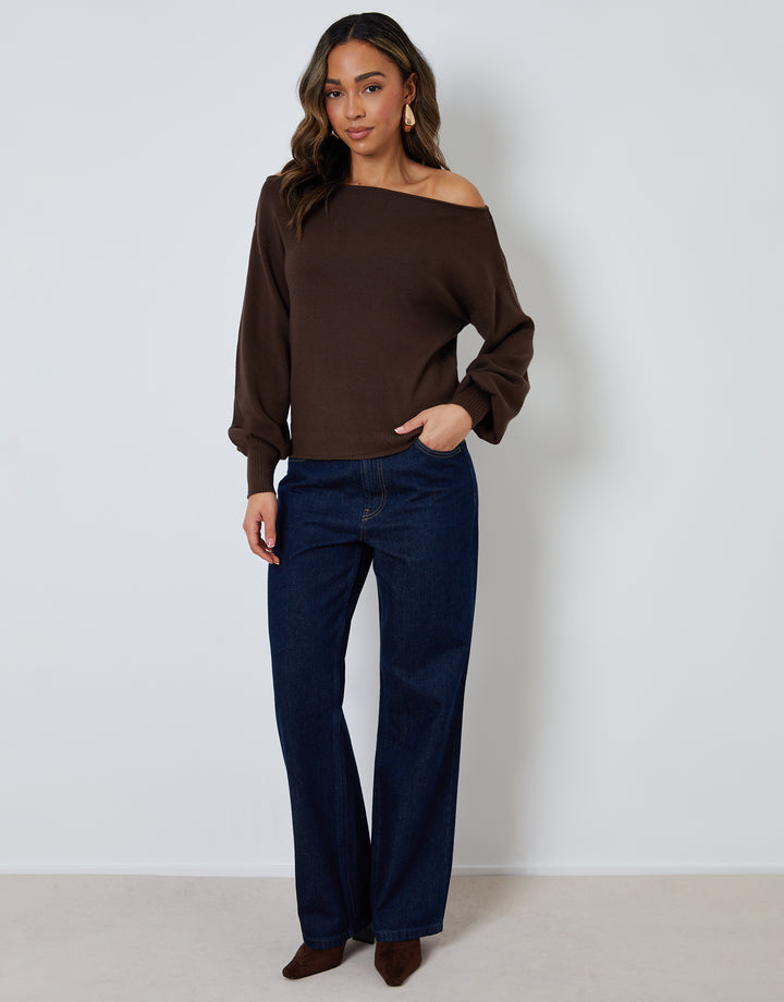 Chocolate Brown Soft Slash Neck Jumper