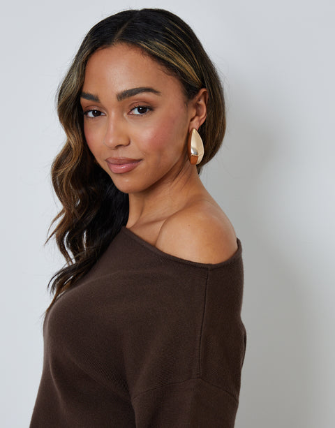 Threadbare Soft Slash Neck Jumper in Chocolate Brown - side view close up