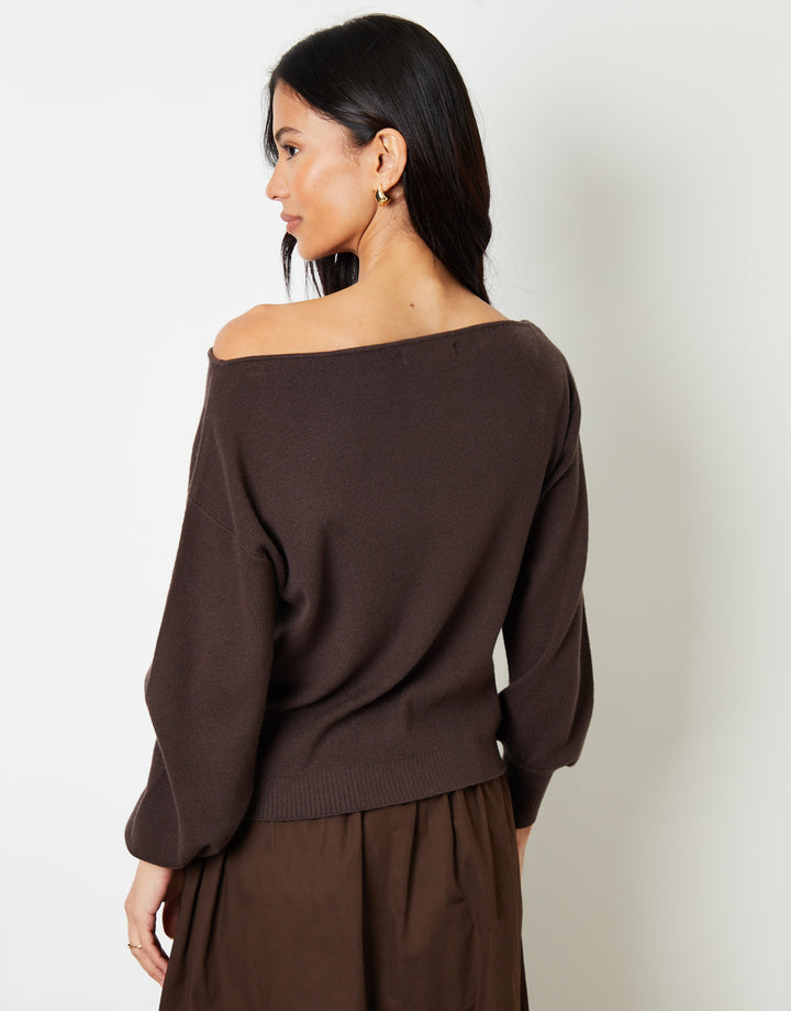 Chocolate Brown Soft Slash Neck Jumper
