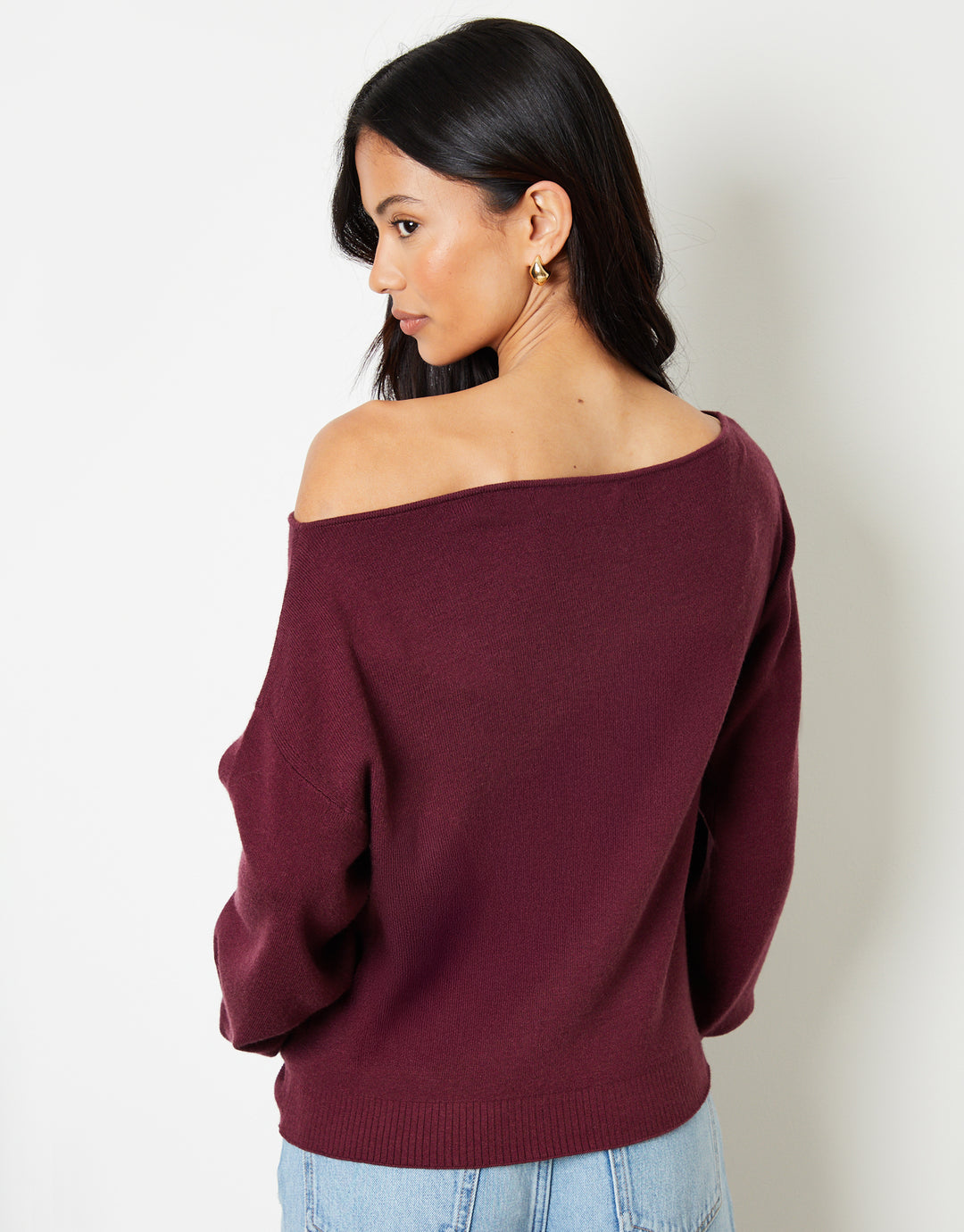 Soft Slash Neck Jumper in Berry Red