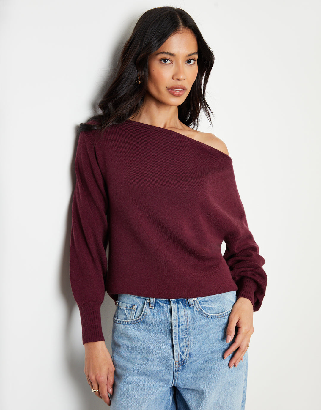 Soft Slash Neck Jumper in Berry Red