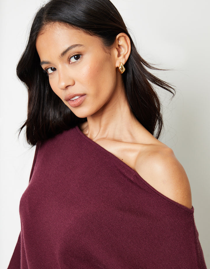 Soft Slash Neck Jumper in Berry Red