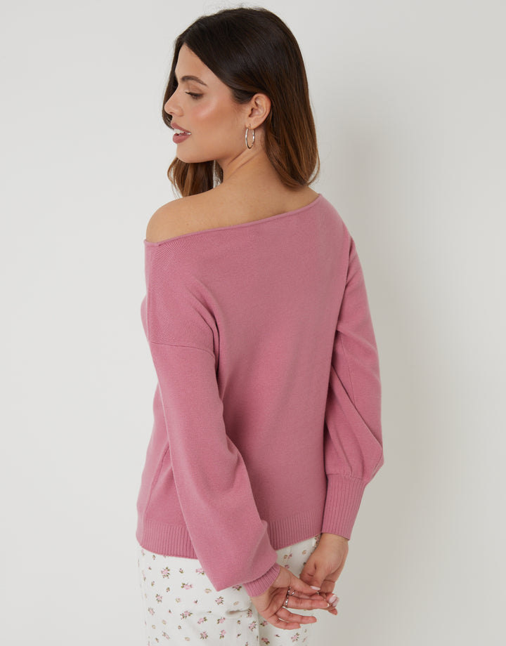 Pink Slashed Pocket Threadbare Women's Soft Slash Neck Jumper in Pink