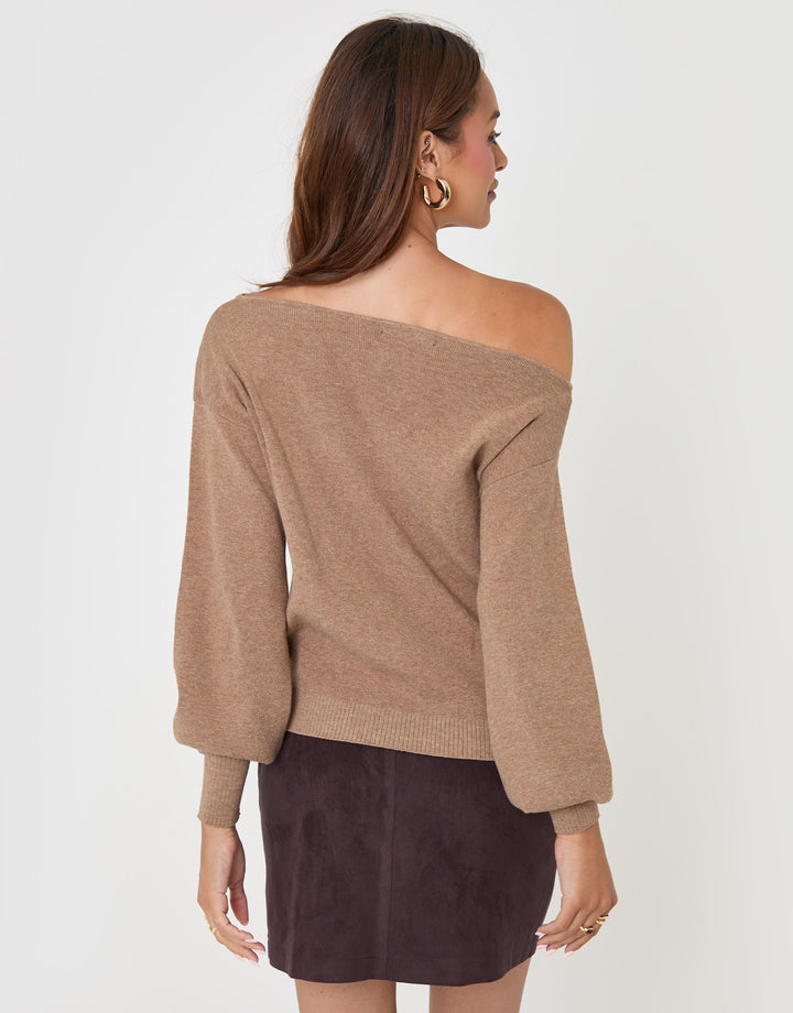 Threadbare Soft Slash Neck Jumper in Beige - back view