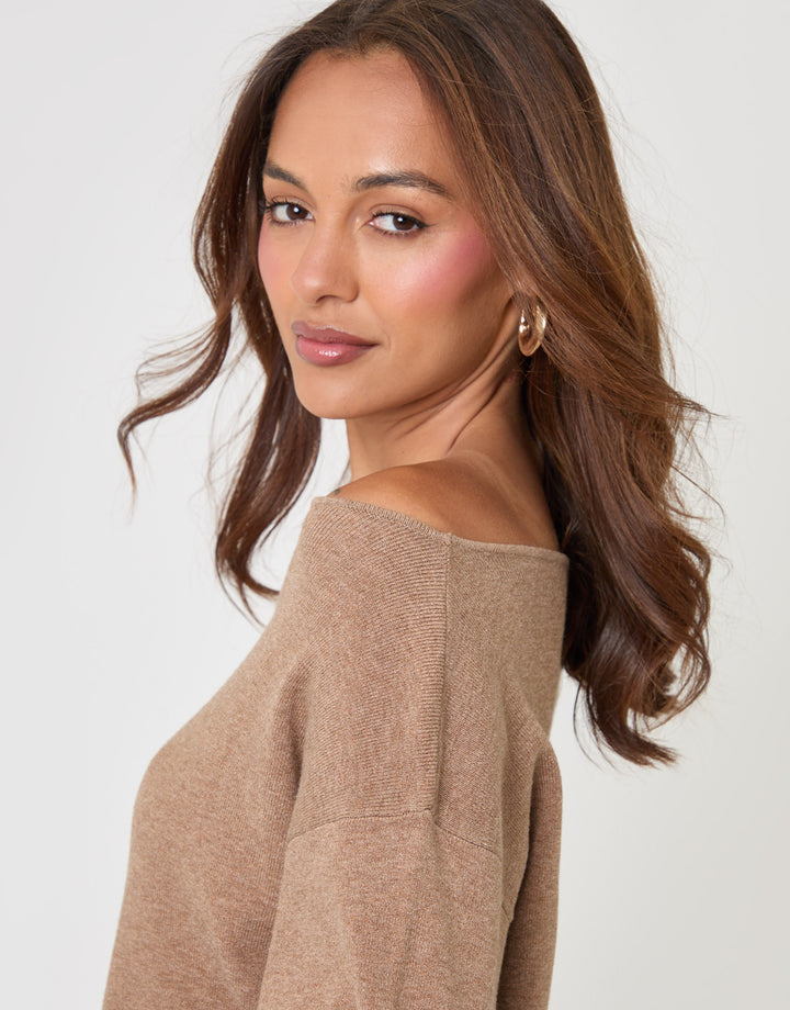 Threadbare Soft Slash Neck Jumper in Beige - close up