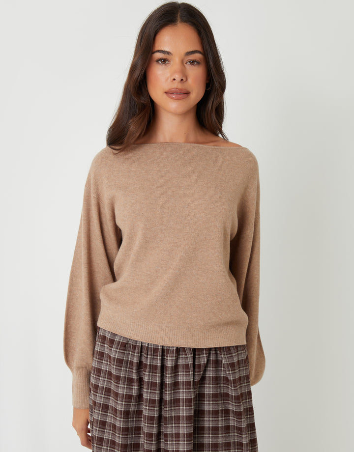 Beige Soft Slash Neck Jumper