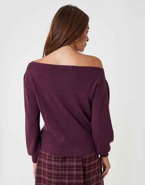 Threadbare Soft Slash Neck Jumper in Plum - back view