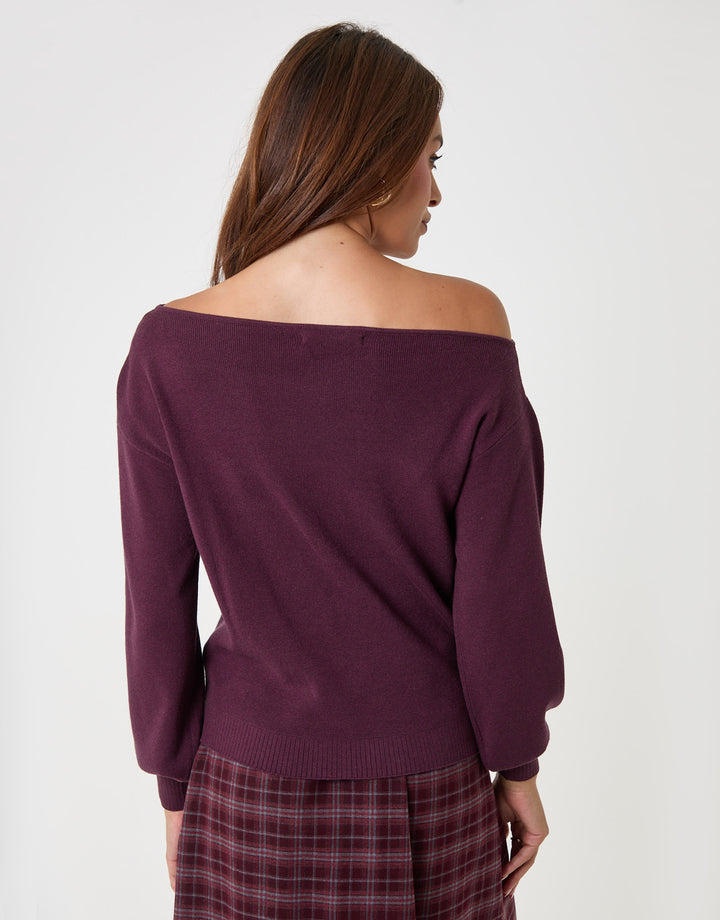 Threadbare Soft Slash Neck Jumper in Plum - back view