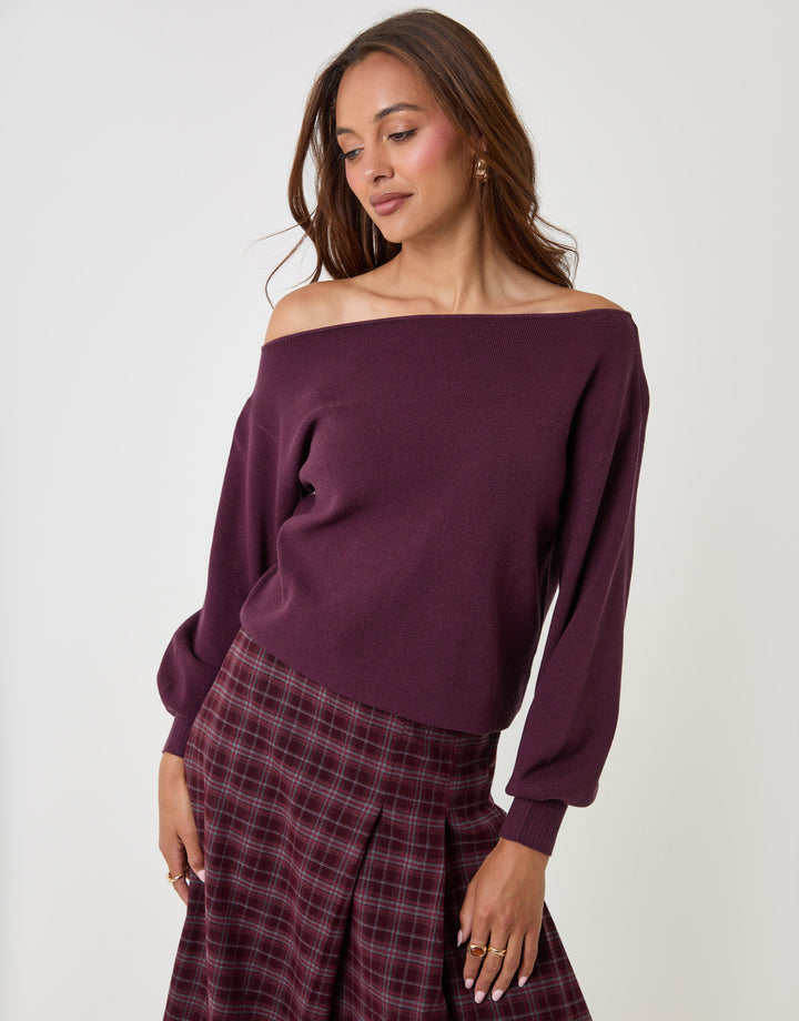 Threadbare Soft Slash Neck Jumper in Plum -  front view