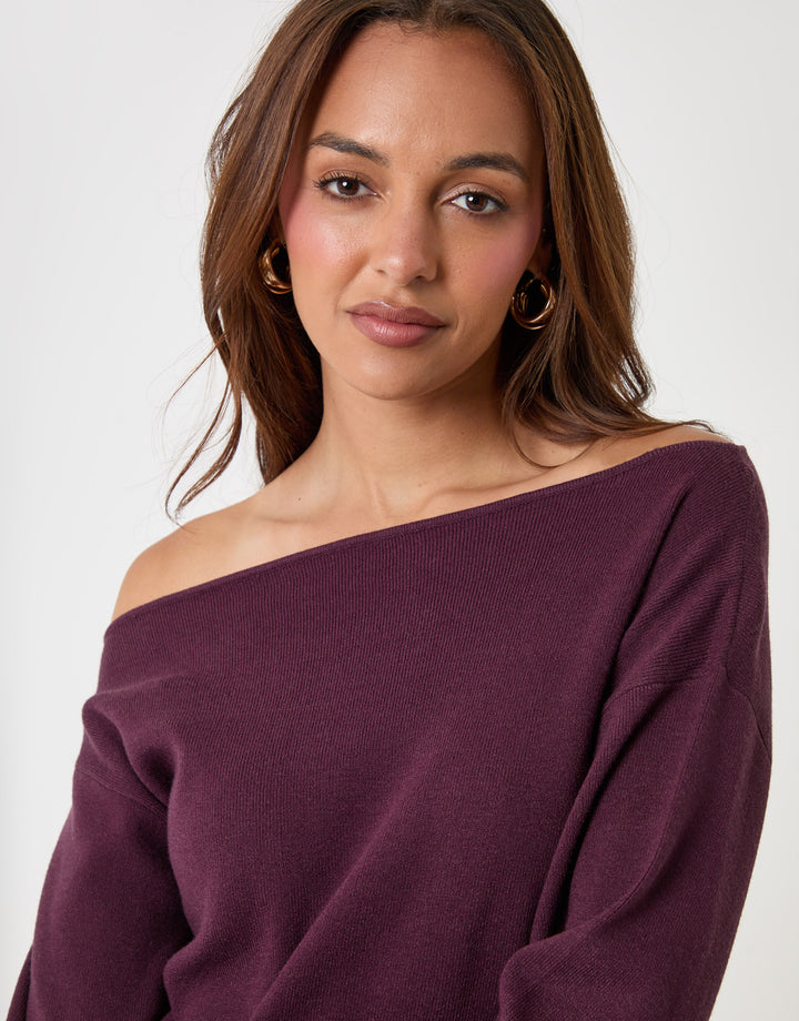 Threadbare Soft Slash Neck Jumper in Plum - close up