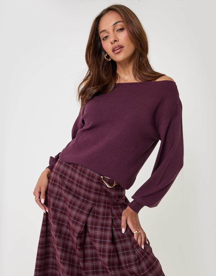 Threadbare Soft Slash Neck Jumper in Plum - full body