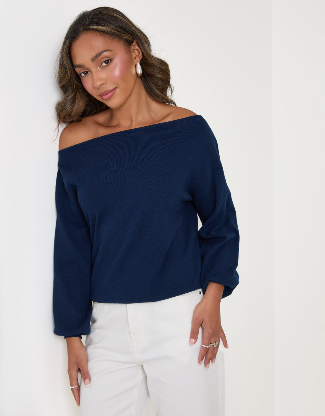 Threadbare Soft Slash Neck Jumper in Navy - front lean