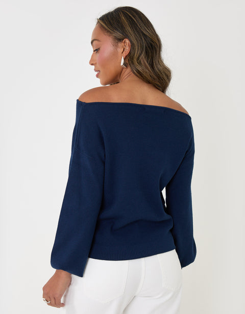 Threadbare Soft Slash Neck Jumper in Navy - back view