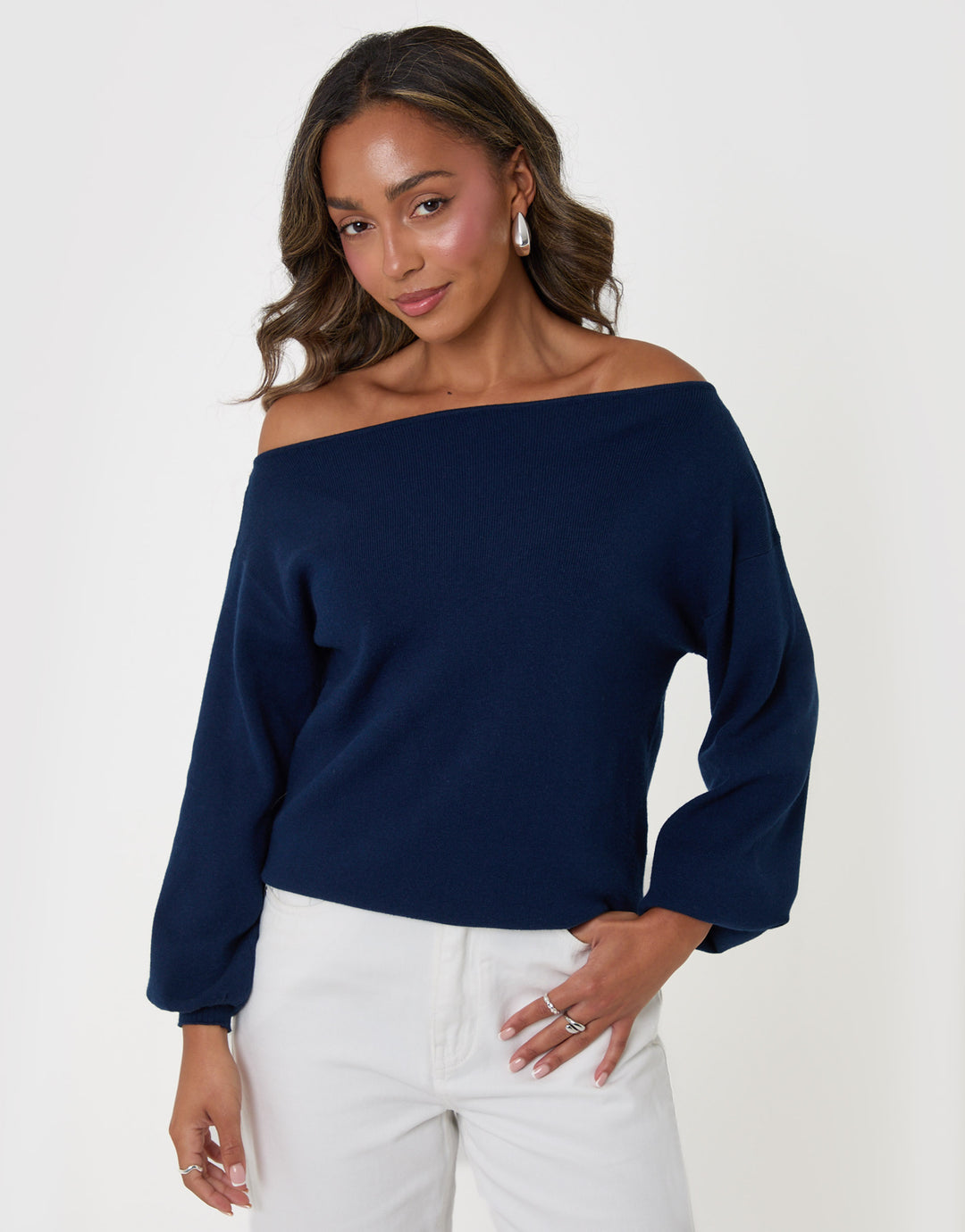 Threadbare Soft Slash Neck Jumper in Navy - front view