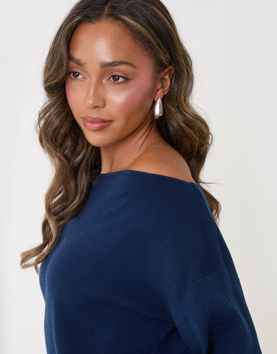 Threadbare Soft Slash Neck Jumper in Navy -detail
