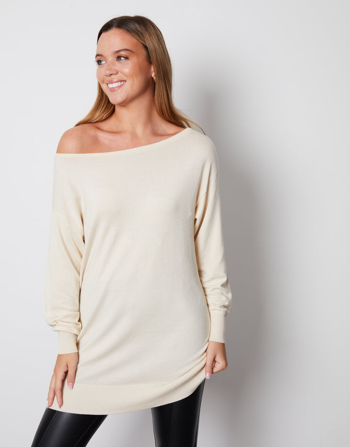 Ecru Soft Balloon Sleeve Slash Neck Tunic Jumper