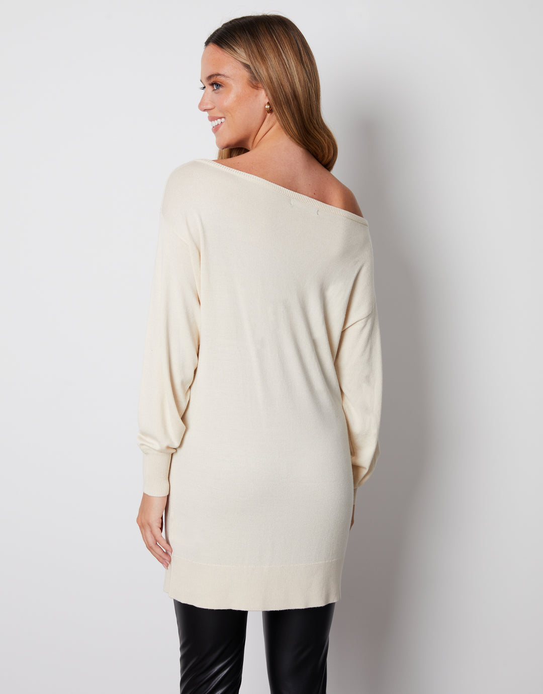 Ecru Soft Balloon Sleeve Slash Neck Tunic Jumper