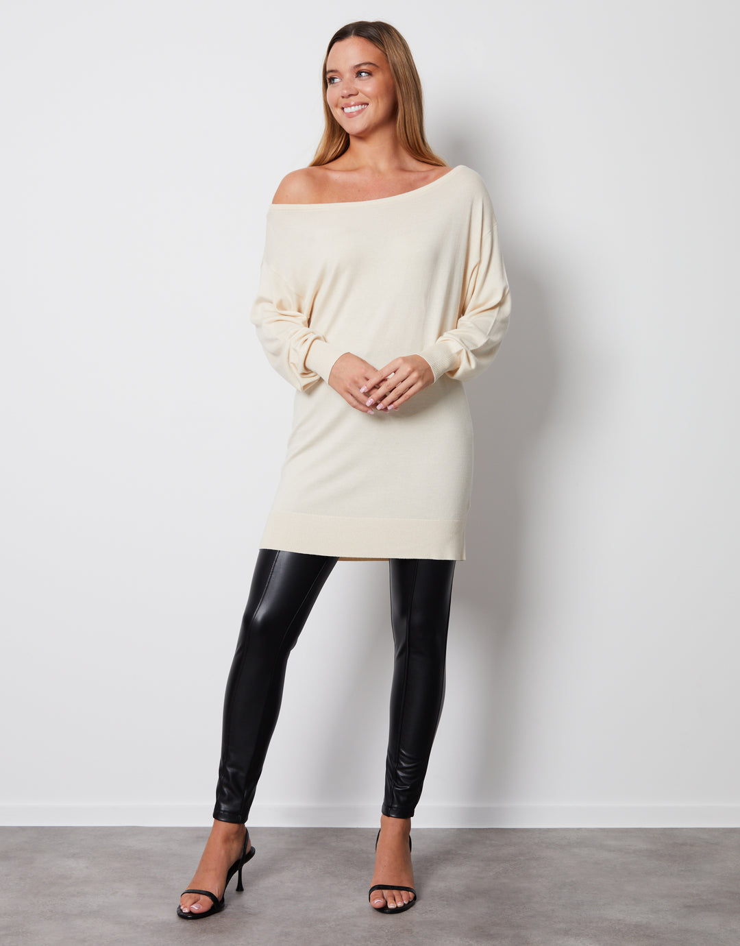 Ecru Soft Balloon Sleeve Slash Neck Tunic Jumper