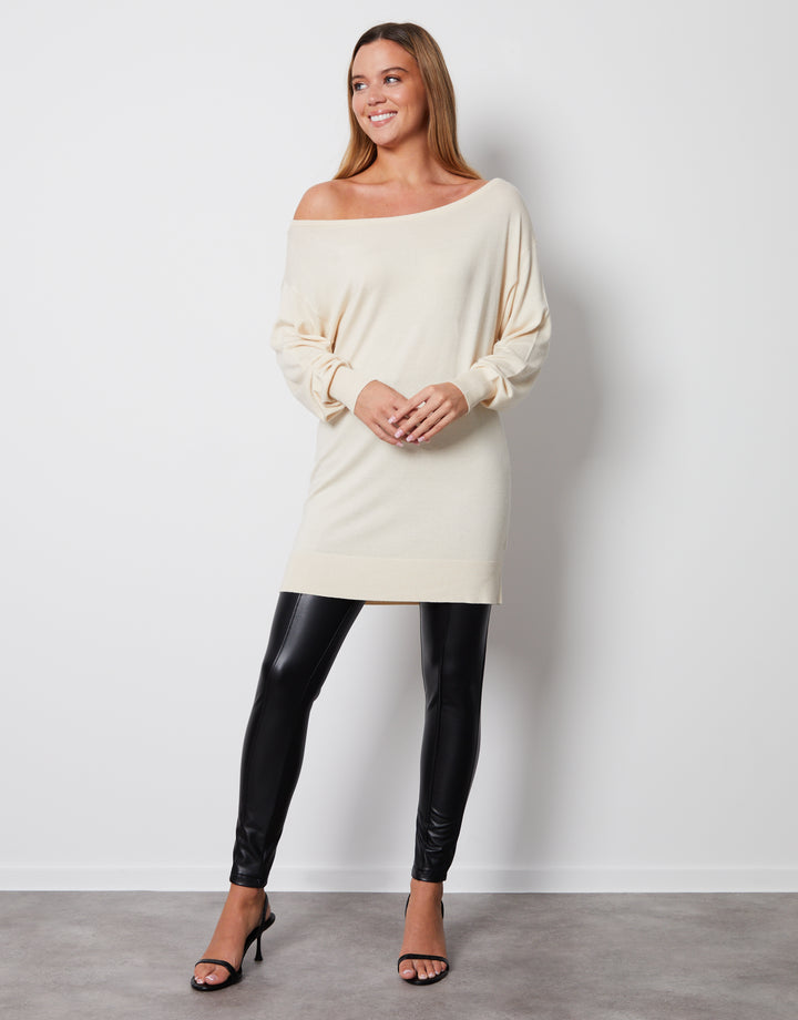 Ecru Soft Balloon Sleeve Slash Neck Tunic Jumper