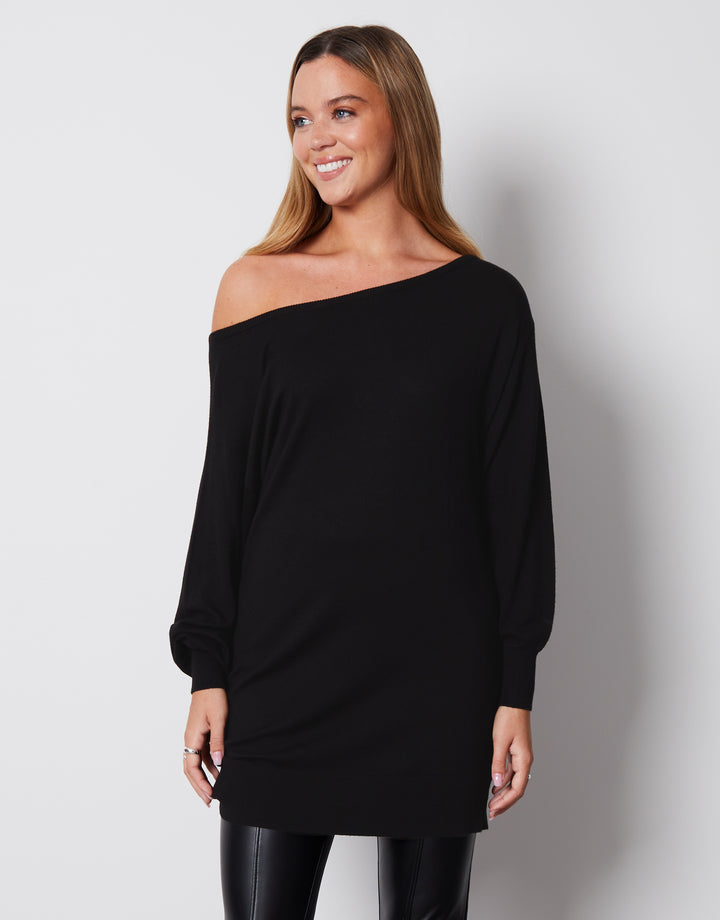 Black Soft Balloon Sleeve Slash Neck Tunic Jumper