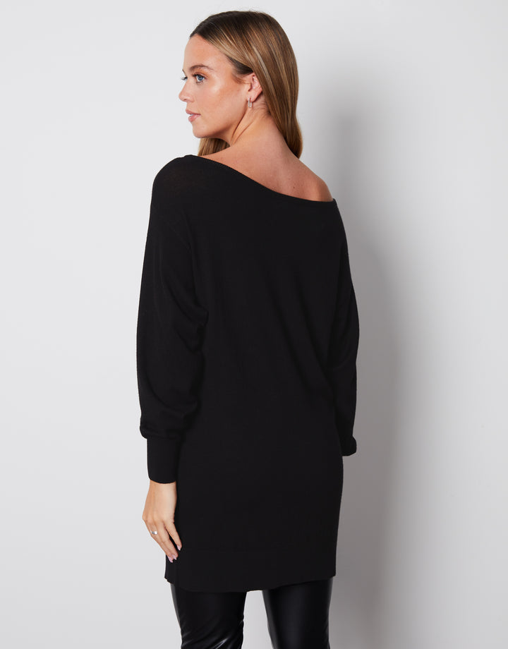 Black Soft Balloon Sleeve Slash Neck Tunic Jumper