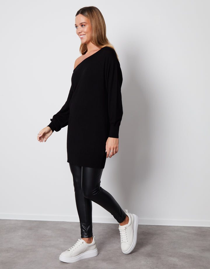 Black Soft Balloon Sleeve Slash Neck Tunic Jumper
