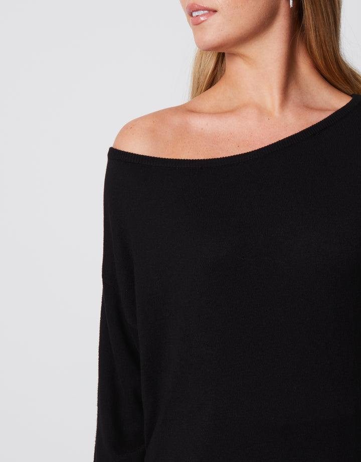 Black Soft Balloon Sleeve Slash Neck Tunic Jumper